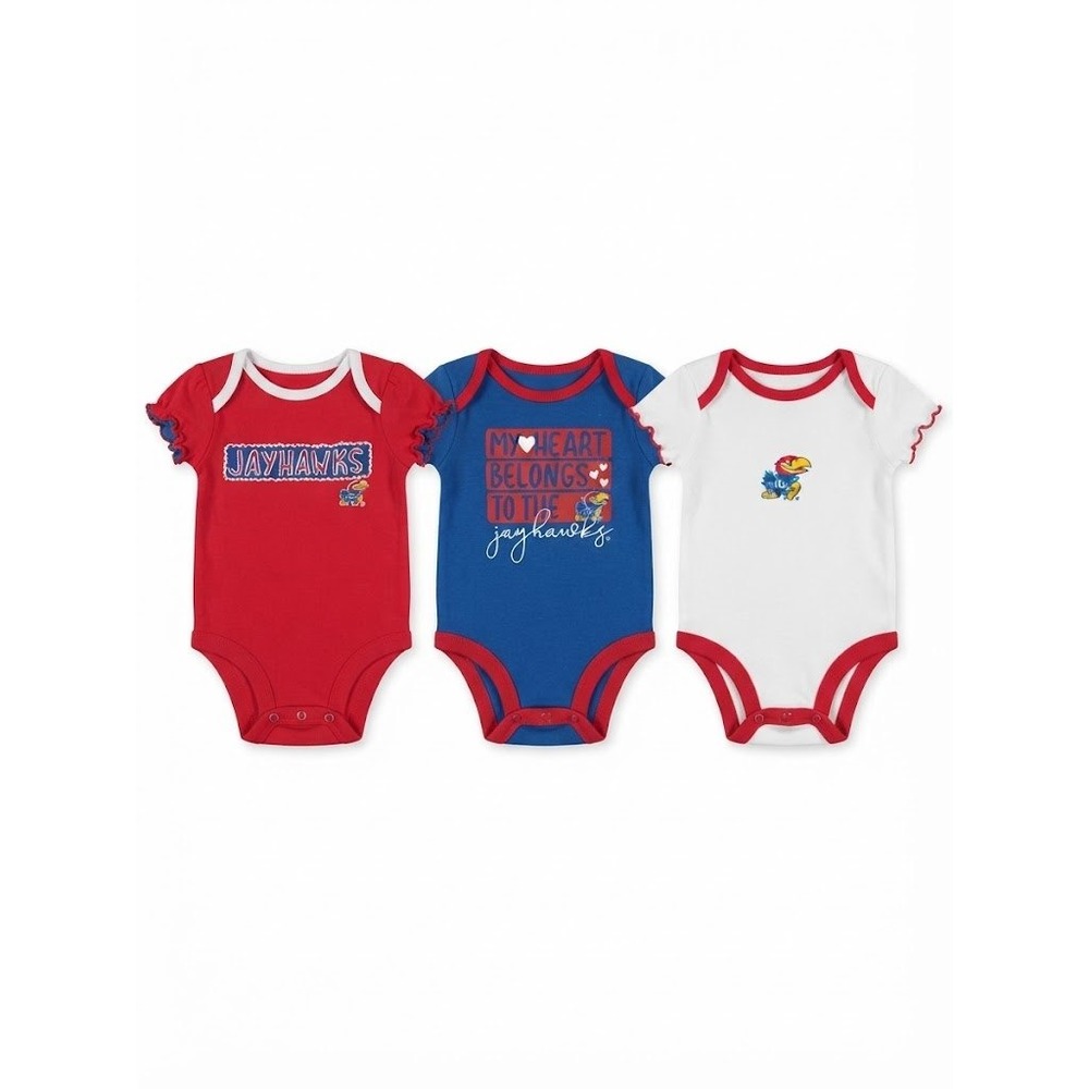 NWT NCAA Kansas Jayhawks Baby 3-Pack Creeper Bodysuit Set Size 3-6M